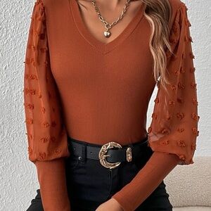 Chic V-Neck Blouse with Textured Sleeves